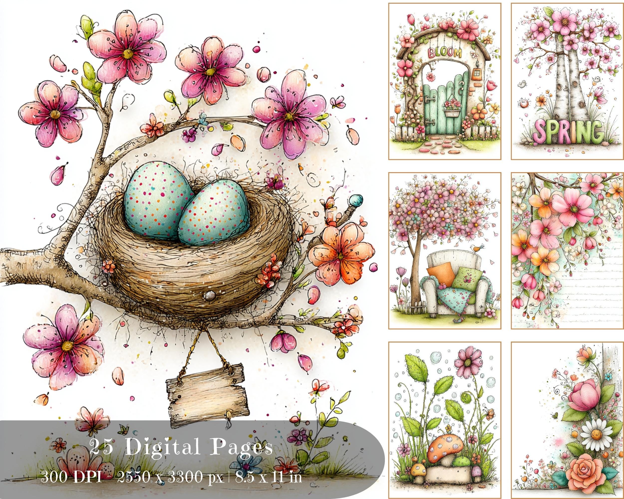 Preview of Spring Botanical Journal Pages — 25 Printable Designs
