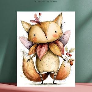 May include: A watercolor-style illustration of a fox creature with large ears, pink fairy wings, and a collar of autumn-colored leaves. The fox has a bushy tail, striped legs, and holds a small branch with red berries. The text PIXELPETITESHOP is visible.