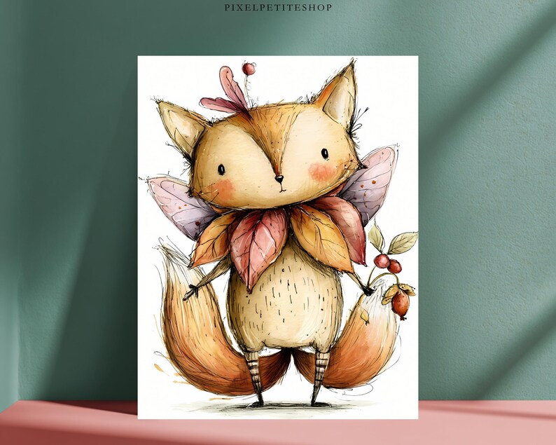 May include: A watercolor-style illustration of a fox creature with large ears, pink fairy wings, and a collar of autumn-colored leaves. The fox has a bushy tail, striped legs, and holds a small branch with red berries. The text PIXELPETITESHOP is visible.