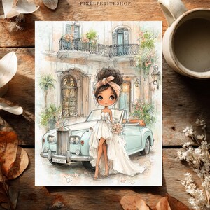 Puede incluir: Ilustraci&oacute;n en acuarela de una novia con un vestido blanco, de pie junto a un coche descapotable vintage azul claro. El fondo presenta un edificio de estilo europeo con balcones y detalles florales. La novia sostiene un ramo.