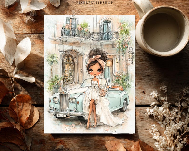 Puede incluir: Ilustraci&oacute;n en acuarela de una novia con un vestido blanco, de pie junto a un coche descapotable vintage azul claro. El fondo presenta un edificio de estilo europeo con balcones y detalles florales. La novia sostiene un ramo.