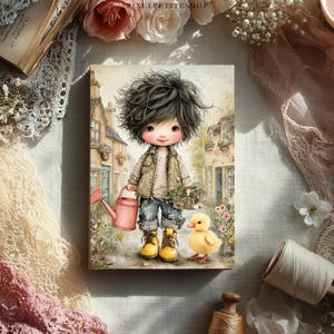May include: A whimsical illustration of a child holding a pink watering can and a basket of flowers, with a yellow duckling. The child wears a green vest, blue jeans, and yellow boots. The background depicts a quaint village scene with flowers.