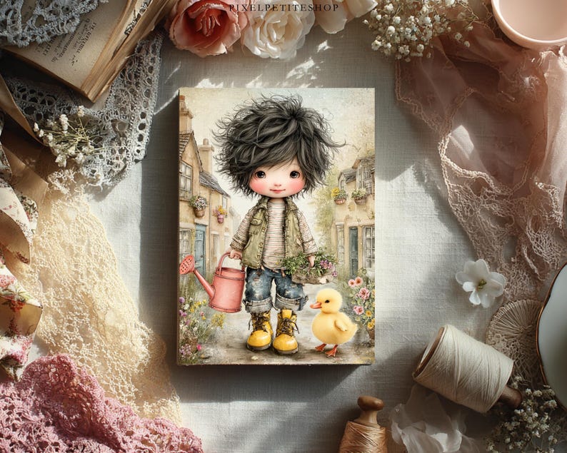 May include: A whimsical illustration of a child holding a pink watering can and a basket of flowers, with a yellow duckling. The child wears a green vest, blue jeans, and yellow boots. The background depicts a quaint village scene with flowers.