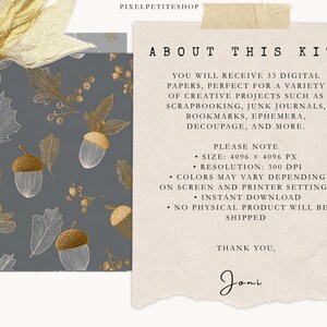 May include: A digital paper kit with a gray background featuring gold and white acorn and leaf illustrations. The image includes text that reads "About This Kit" and details about the digital papers.