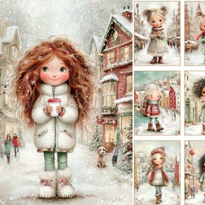 May include: Watercolor illustration of a girl in a white coat holding a coffee cup, standing in a snowy street scene. The image includes several smaller illustrations of girls in winter attire. The overall theme is winter and holiday season.