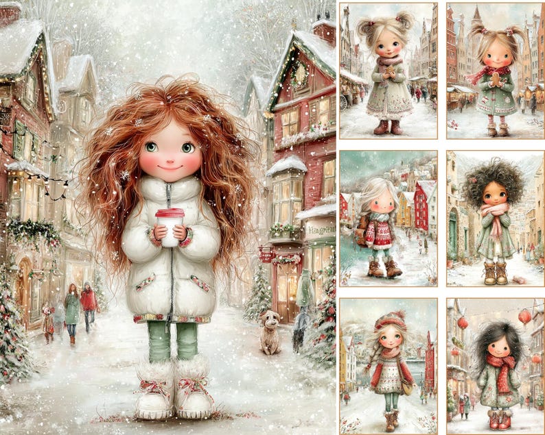 May include: Watercolor illustration of a girl in a white coat holding a coffee cup, standing in a snowy street scene. The image includes several smaller illustrations of girls in winter attire. The overall theme is winter and holiday season.