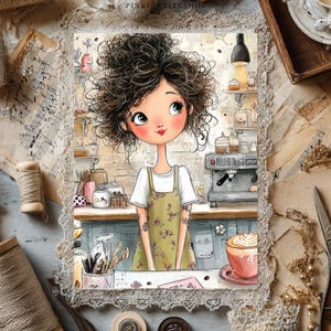 Puede incluir: Una ilustraci&oacute;n digital de una persona con cabello oscuro, rizado y voluminoso, que viste una camiseta blanca y un delantal con estampado floral. La persona est&aacute; en una cafeter&iacute;a con una m&aacute;quina de caf&eacute;, frascos y una taza de caf&eacute; con leche.