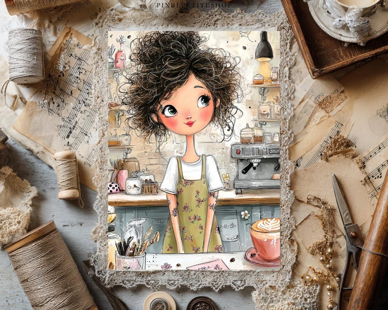 Puede incluir: Una ilustraci&oacute;n digital de una persona con cabello oscuro, rizado y voluminoso, que viste una camiseta blanca y un delantal con estampado floral. La persona est&aacute; en una cafeter&iacute;a con una m&aacute;quina de caf&eacute;, frascos y una taza de caf&eacute; con leche.