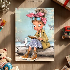 May include: An illustrated print featuring a girl reading by the sea, with a seagull nearby. The girl wears a yellow jacket, blue polka-dot pants, and brown boots. A red polka-dot headband and goggles adorn her hair. The print is surrounded by decorative items.