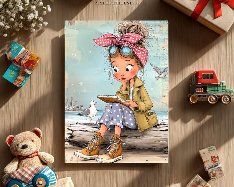 May include: An illustrated print featuring a girl reading by the sea, with a seagull nearby. The girl wears a yellow jacket, blue polka-dot pants, and brown boots. A red polka-dot headband and goggles adorn her hair. The print is surrounded by decorative items.