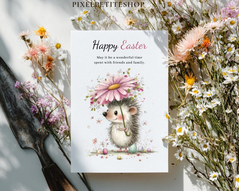 May include: A greeting card with the text "Happy Easter" and a watercolor illustration of a hedgehog holding a flower umbrella. The card is surrounded by flowers.