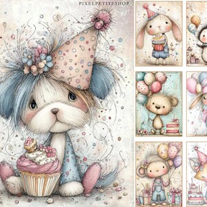Puede incluir: Una colecci&oacute;n de ilustraciones acuareladas caprichosas con adorables animales celebrando cumplea&ntilde;os. Las im&aacute;genes incluyen un cachorro con una magdalena, un conejo con una magdalena, un ping&uuml;ino con una bufanda, un oso con globos, un conejo con globos, un mono con globos y un zorro con un pastel.