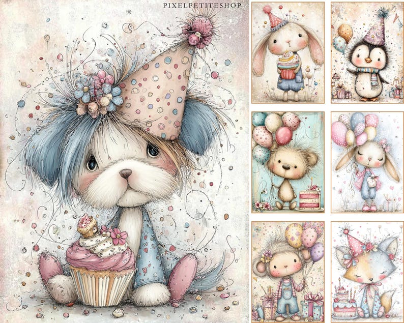 Puede incluir: Una colecci&oacute;n de ilustraciones acuareladas caprichosas con adorables animales celebrando cumplea&ntilde;os. Las im&aacute;genes incluyen un cachorro con una magdalena, un conejo con una magdalena, un ping&uuml;ino con una bufanda, un oso con globos, un conejo con globos, un mono con globos y un zorro con un pastel.