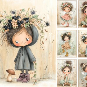 May include: A whimsical illustration of a young girl in a gray hooded coat, adorned with a floral and berry crown. She stands next to a mushroom. Additional images depict fairy-like figures with flower crowns and wings, in various poses and outfits.