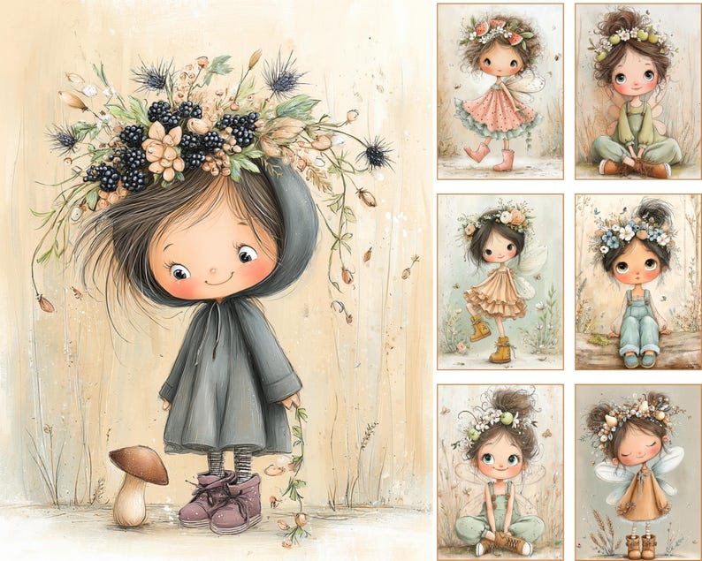 May include: A whimsical illustration of a young girl in a gray hooded coat, adorned with a floral and berry crown. She stands next to a mushroom. Additional images depict fairy-like figures with flower crowns and wings, in various poses and outfits.