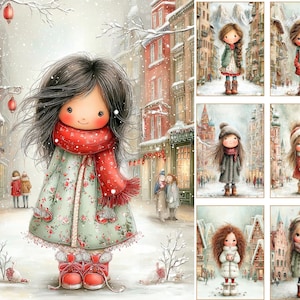 May include: Watercolor illustration of a doll-like figure in a winter scene, wearing a red scarf and coat with floral patterns. Snow falls around the figure and in the background, with additional illustrations of similar figures in winter attire.