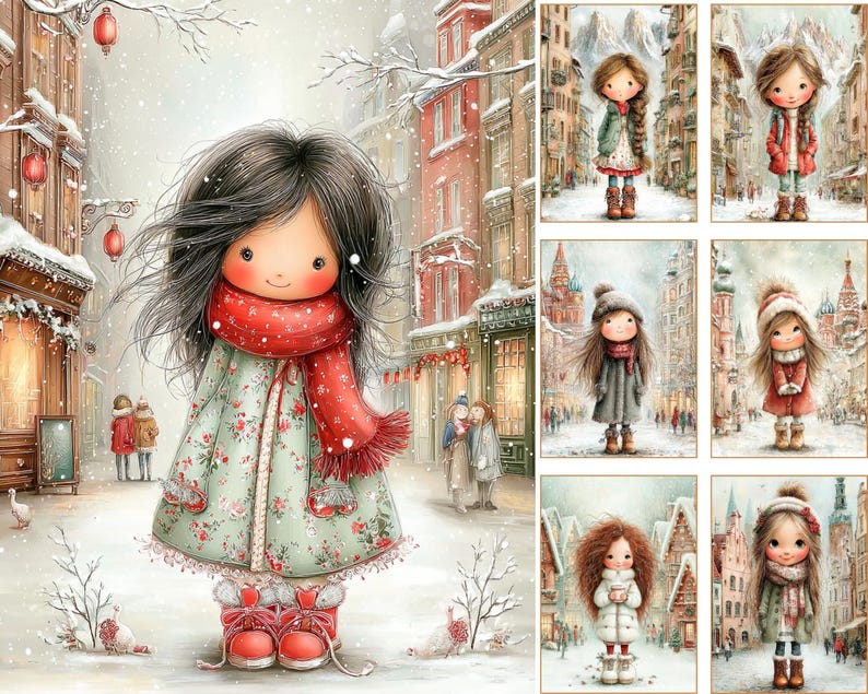 May include: Watercolor illustration of a doll-like figure in a winter scene, wearing a red scarf and coat with floral patterns. Snow falls around the figure and in the background, with additional illustrations of similar figures in winter attire.