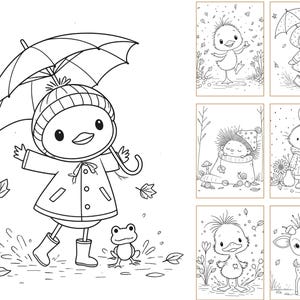 May include: A black and white coloring page set featuring a duckling in a raincoat and boots holding an umbrella while splashing in a puddle with a frog. Additional pages show a duckling, a hedgehog, a rabbit, and a deer in nature scenes.