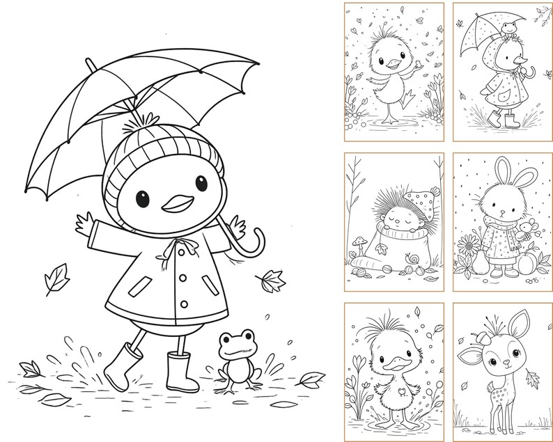May include: A black and white coloring page set featuring a duckling in a raincoat and boots holding an umbrella while splashing in a puddle with a frog. Additional pages show a duckling, a hedgehog, a rabbit, and a deer in nature scenes.