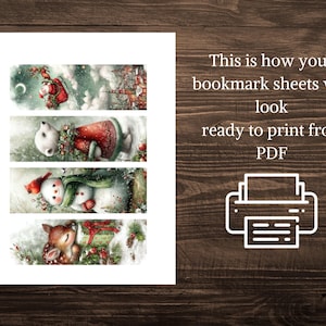 Puede incluir: Una hoja de marcadores imprimibles con ilustraciones de tem&aacute;tica invernal. Los marcadores incluyen im&aacute;genes de un Pap&aacute; Noel, un oso polar, un mu&ntilde;eco de nieve y un ciervo. El texto dice: "This is how your bookmark sheets will look ready to print from PDF."