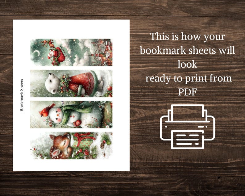 Puede incluir: Una hoja de marcadores imprimibles con ilustraciones de tem&aacute;tica invernal. Los marcadores incluyen im&aacute;genes de un Pap&aacute; Noel, un oso polar, un mu&ntilde;eco de nieve y un ciervo. El texto dice: "This is how your bookmark sheets will look ready to print from PDF."