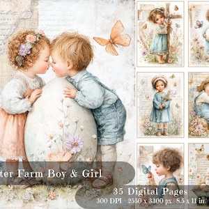Könnte beinhalten: Digitaldruck mit einem Jungen und einem Mädchen, die ein Osterei küssen, sowie weitere Bilder von Kindern mit Schmetterlingen, Blumen und Hoftieren. Der Text lautet "Easter Farm Boy & Girl". Enthält 35 digitale Seiten, 8,5 x 11 Zoll.