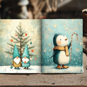 May include: An open book displaying two illustrations. The left page shows two gnomes with pointed hats standing before a decorated Christmas tree. The right page features a penguin wearing a yellow scarf and holding a candy cane under stars.