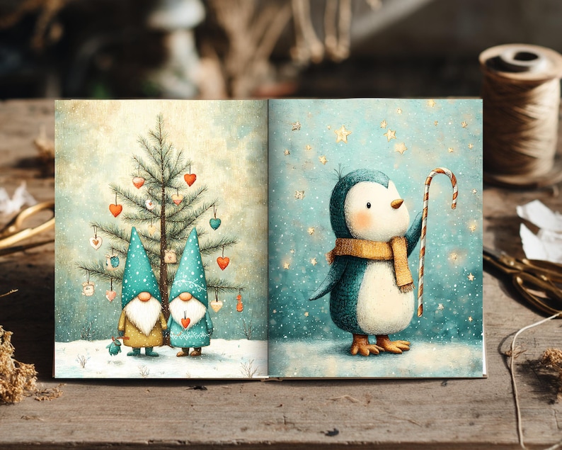 May include: An open book displaying two illustrations. The left page shows two gnomes with pointed hats standing before a decorated Christmas tree. The right page features a penguin wearing a yellow scarf and holding a candy cane under stars.