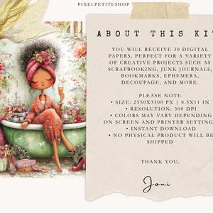 May include: Digital art print featuring a cartoon woman in a bathtub, holding a glass of champagne. The image has a floral and botanical theme, with a soft color palette. Text on the right side reads "About This Kit" and details about the digital papers.