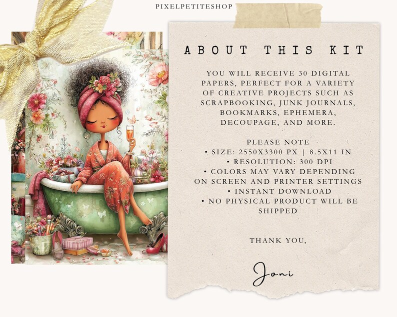 May include: Digital art print featuring a cartoon woman in a bathtub, holding a glass of champagne. The image has a floral and botanical theme, with a soft color palette. Text on the right side reads "About This Kit" and details about the digital papers.