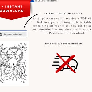 May include: A digital coloring page featuring a spider with a bow, surrounded by spiderwebs, holly, and flowers. The text reads INSTANT DOWNLOAD, PIXELPETITESHOP, and NO PHYSICAL ITEM SHIPPED. A graphic of a truck with a red X is also visible.