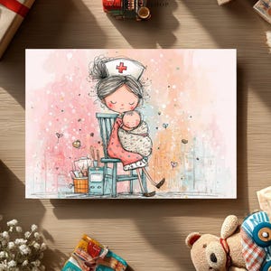 May include: Watercolor illustration of a nurse in a white cap with a red cross, cradling a baby. The nurse sits on a blue chair, surrounded by pink and pastel colors. A basket and other items are visible near the chair. The artwork has a soft, gentle feel.