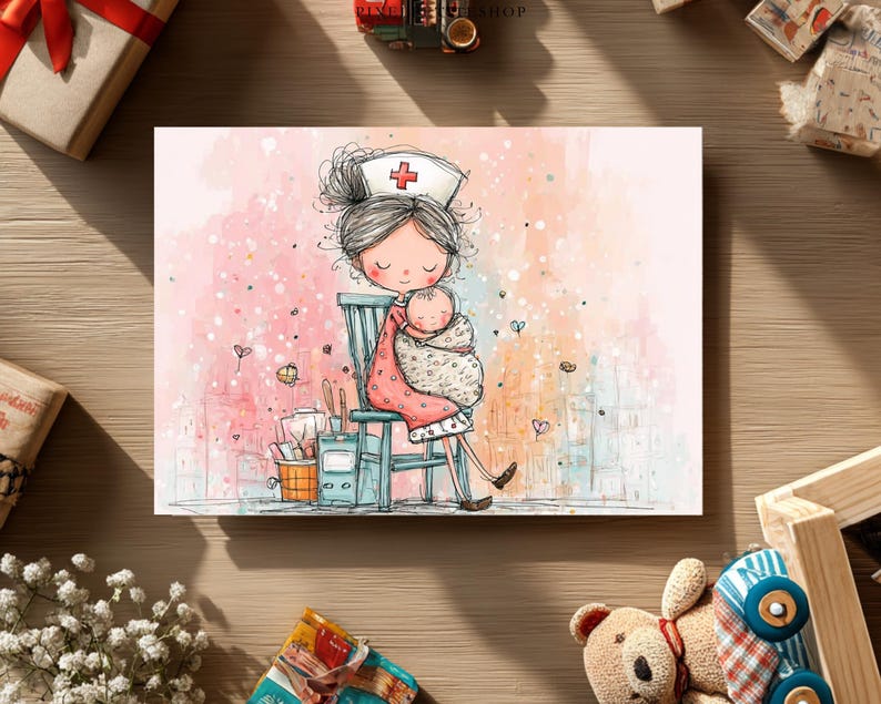 May include: Watercolor illustration of a nurse in a white cap with a red cross, cradling a baby. The nurse sits on a blue chair, surrounded by pink and pastel colors. A basket and other items are visible near the chair. The artwork has a soft, gentle feel.