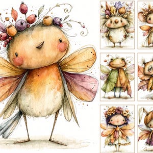 May include: A collection of watercolor illustrations featuring a central bird character with wings and a berry crown, accompanied by six smaller rectangular panels depicting various creatures including a hedgehog, mouse, frog, owl, and two figures.