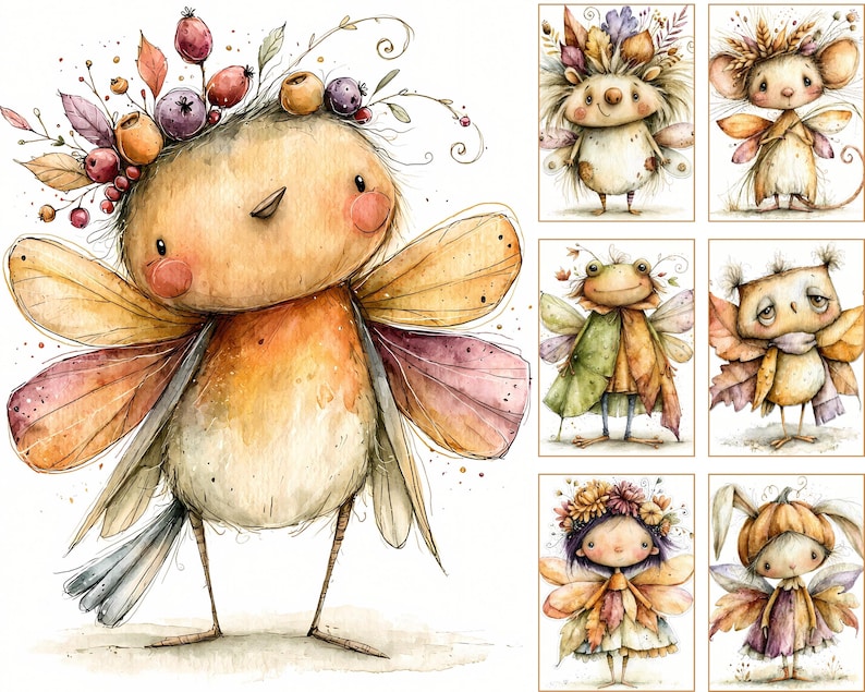 May include: A collection of watercolor illustrations featuring a central bird character with wings and a berry crown, accompanied by six smaller rectangular panels depicting various creatures including a hedgehog, mouse, frog, owl, and two figures.