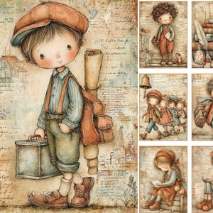 Może przedstawiać: Kolekcja cyfrowych ilustracji przedstawiających dzieci w ubraniach w stylu vintage, w tym chłopca w czapce z walizką, dziecko z książkami, grupę spacerujących os&oacute;b oraz czytające dzieci, na tle postarzanego papieru pergaminowego.