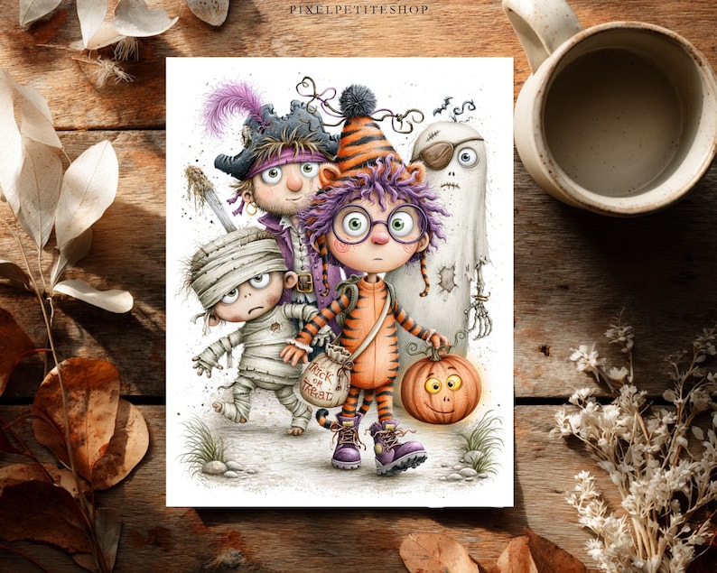 May include: A rectangular art print featuring a group of four cartoon characters dressed for Halloween: a mummy, a pirate, a ghost, and a child in a tiger costume holding a pumpkin bucket with a bag labeled Trick or Treat.