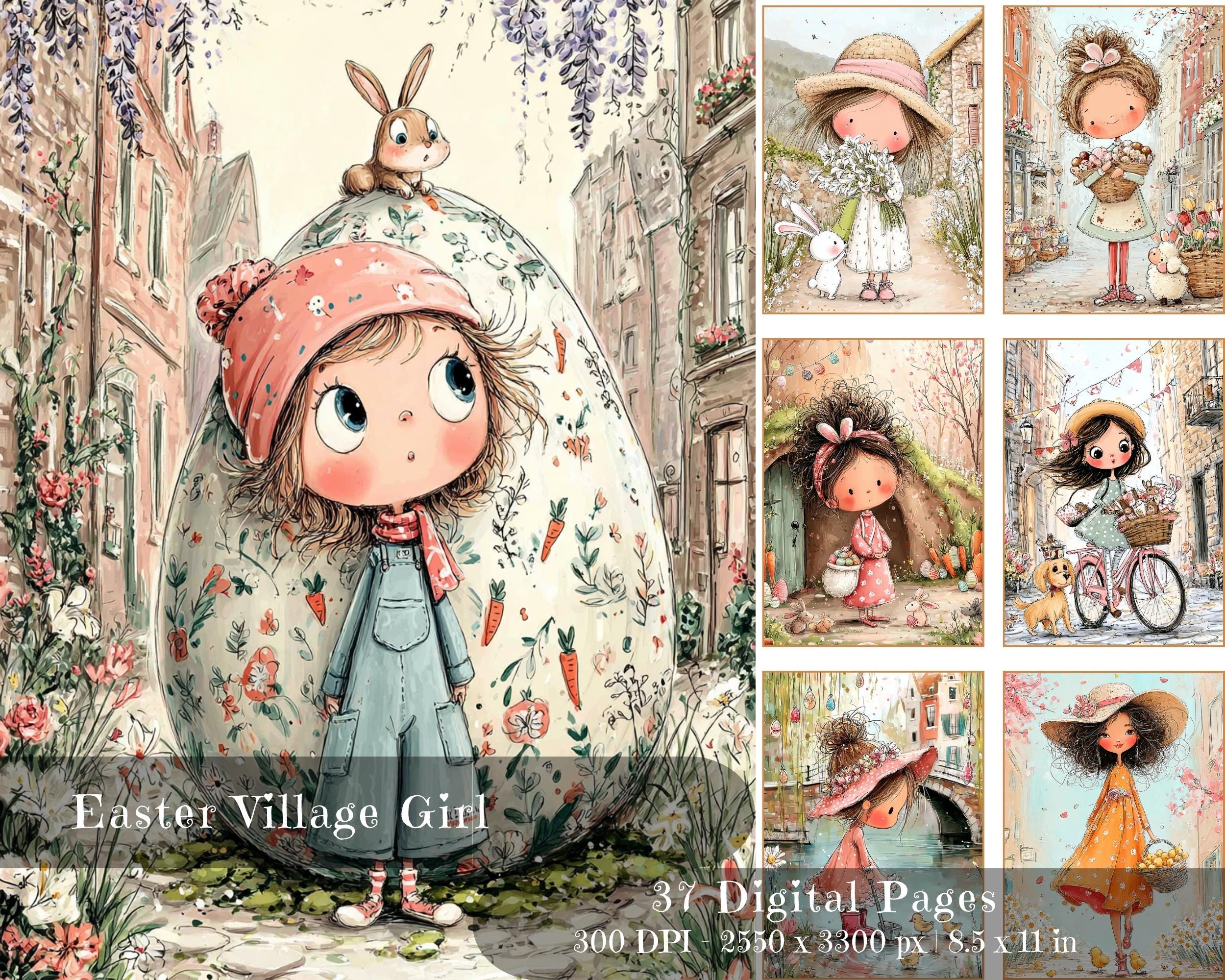 Preview of Easter Village Girl Papers — 37 Printable Journal Pages