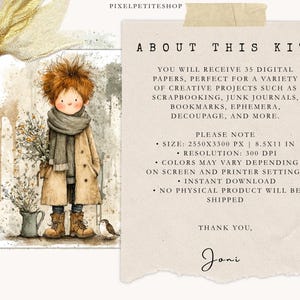 Pode incluir: Ilustra&ccedil;&atilde;o em aquarela de uma crian&ccedil;a com casaco e cachecol bege, segurando flores. A imagem inclui o texto: "SOBRE ESTE KIT" e detalhes sobre pap&eacute;is digitais para projetos criativos. A imagem tem 21,59 x 27,94 cm.