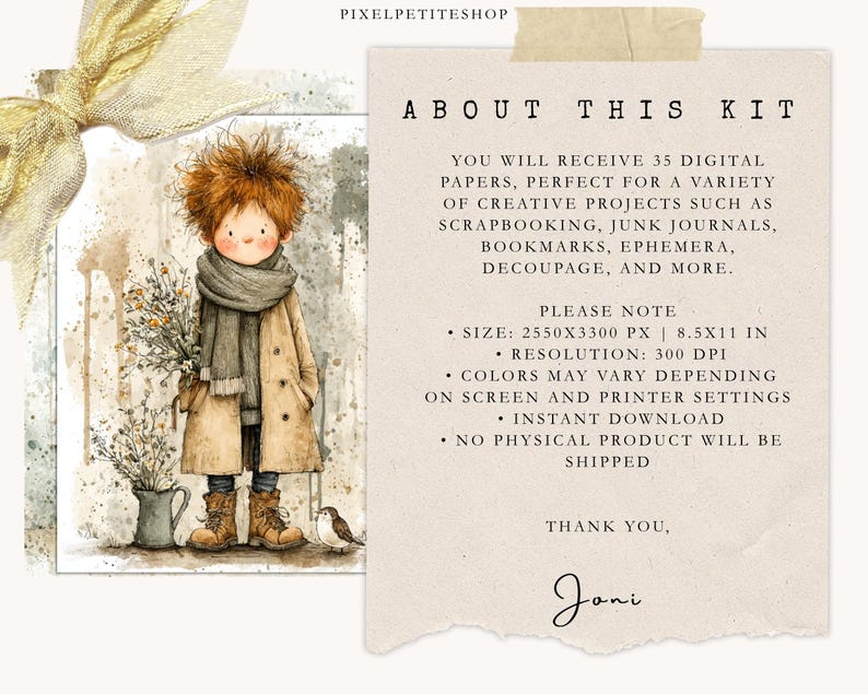Pode incluir: Ilustra&ccedil;&atilde;o em aquarela de uma crian&ccedil;a com casaco e cachecol bege, segurando flores. A imagem inclui o texto: "SOBRE ESTE KIT" e detalhes sobre pap&eacute;is digitais para projetos criativos. A imagem tem 21,59 x 27,94 cm.