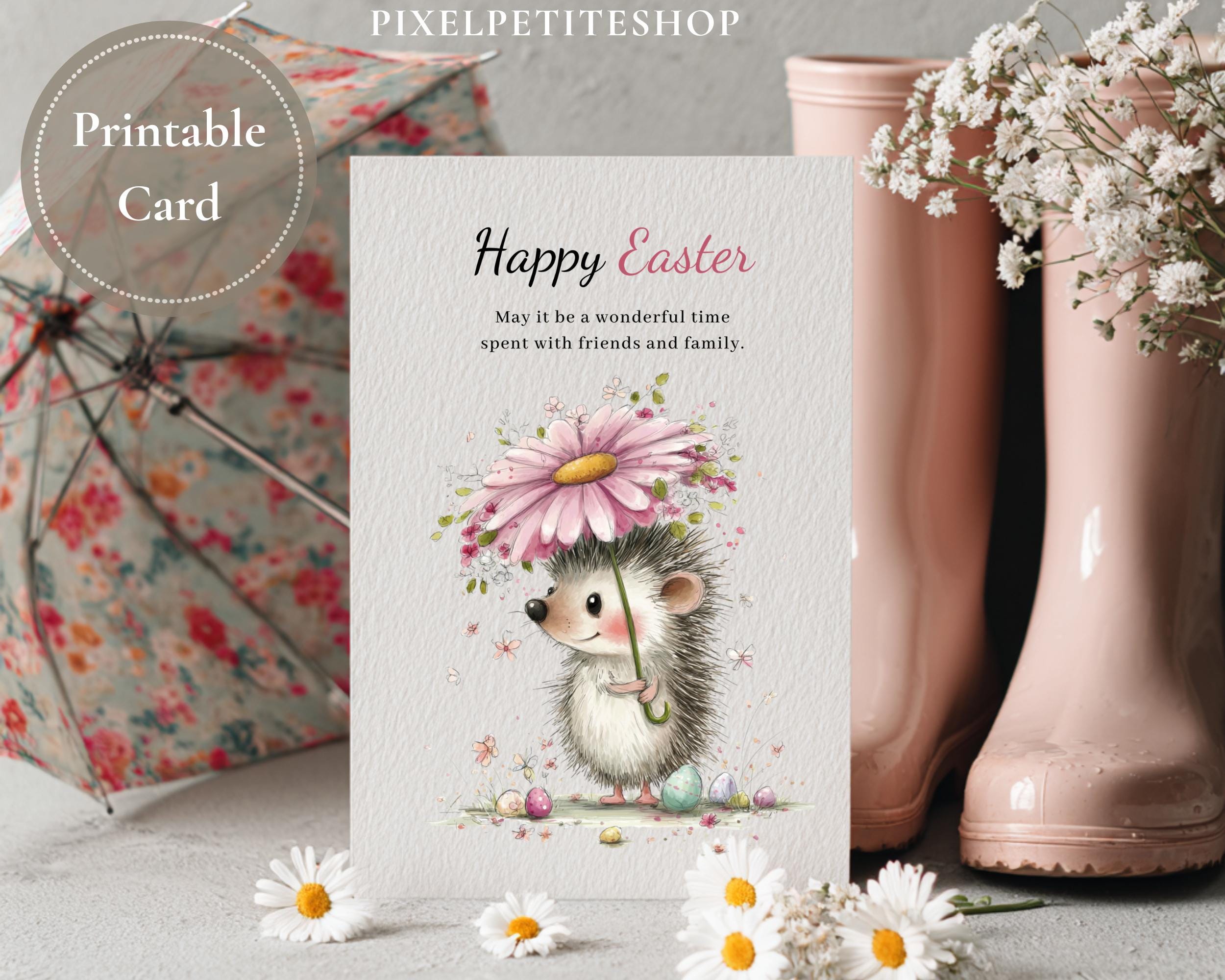 Preview of Hedgehog with Daisy Umbrella — Printable Easter Card
