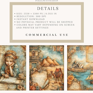 May include: A set of three digital art prints with a vintage travel theme. Each print features a watercolor illustration with sepia tones, depicting a young girl writing, pyramids with a camel, and a sailboat near a city.