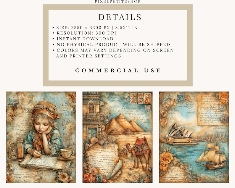 May include: A set of three digital art prints with a vintage travel theme. Each print features a watercolor illustration with sepia tones, depicting a young girl writing, pyramids with a camel, and a sailboat near a city.