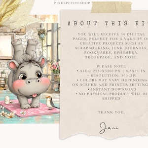 May include: Digital kit with 34 pages for creative projects. The image features a cartoon hippo doing a handstand on a pink mat, with a small bird nearby. The text says "About This Kit" and lists the contents.