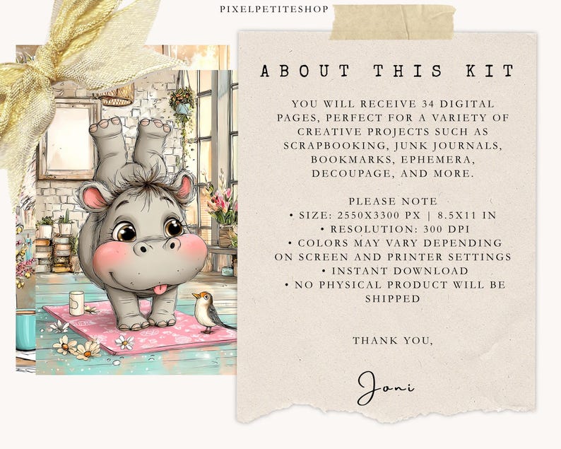 May include: Digital kit with 34 pages for creative projects. The image features a cartoon hippo doing a handstand on a pink mat, with a small bird nearby. The text says "About This Kit" and lists the contents.