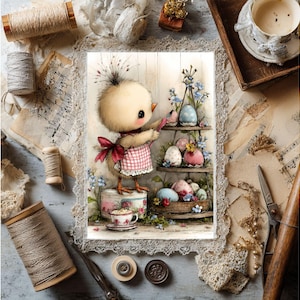 May include: An illustration of a cute chick wearing a red and white checkered apron, arranging Easter eggs on a shelf. The image has a vintage aesthetic, with spools of thread, lace, and sheet music in the background. The color palette is soft and pastel.