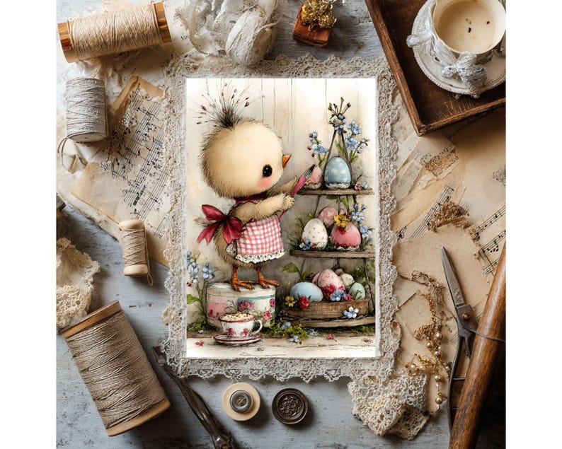 May include: An illustration of a cute chick wearing a red and white checkered apron, arranging Easter eggs on a shelf. The image has a vintage aesthetic, with spools of thread, lace, and sheet music in the background. The color palette is soft and pastel.