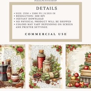 Puede incluir: Impresi&oacute;n de arte digital con tres ilustraciones en acuarela. Una muestra una cafetera, granos de caf&eacute; y una taza. Otra representa frascos, hierbas y bayas. La tercera muestra manzanas en cajas de madera. El texto "DETAILS" y "COMMERCIAL USE" son visibles.