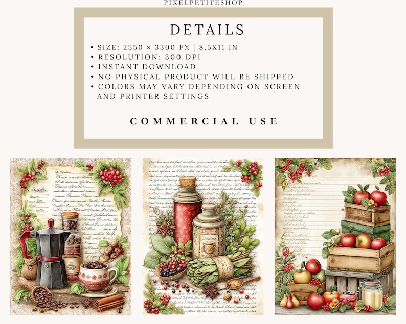 Puede incluir: Impresi&oacute;n de arte digital con tres ilustraciones en acuarela. Una muestra una cafetera, granos de caf&eacute; y una taza. Otra representa frascos, hierbas y bayas. La tercera muestra manzanas en cajas de madera. El texto "DETAILS" y "COMMERCIAL USE" son visibles.