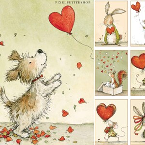 K&ouml;nnte beinhalten: Eine Sammlung skurriler Illustrationen mit Tieren und herzf&ouml;rmigen Ballons. Ein Hund blickt auf einen roten Herzballon, umgeben von fallenden herzf&ouml;rmigen Bl&uuml;tenbl&auml;ttern. Weitere Bilder zeigen ein Kaninchen, ein Eichh&ouml;rnchen und eine Maus mit Herzmotiven.